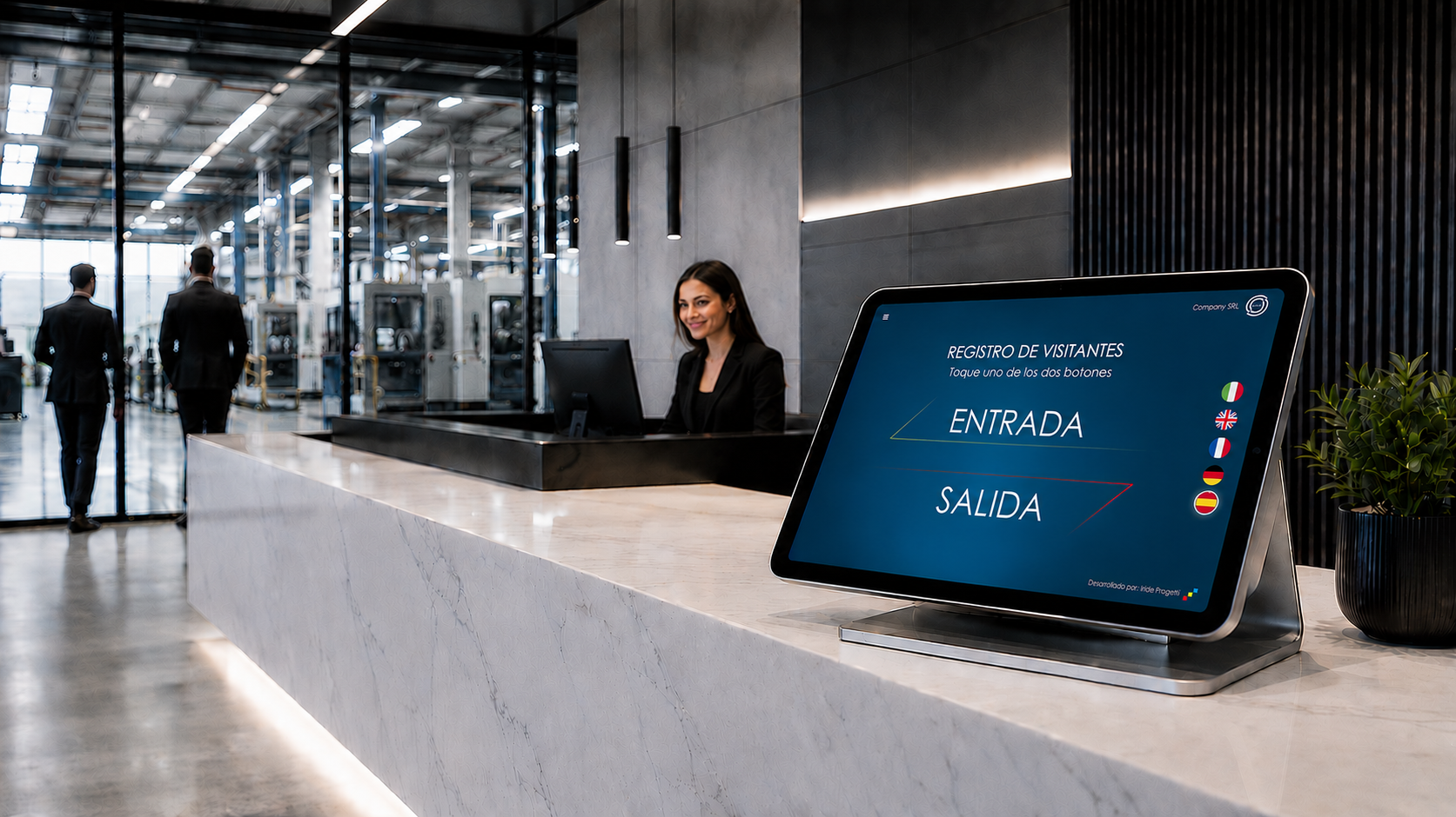 Recepción de empresa con el registro digital de visitantes IRIGuest en tablet