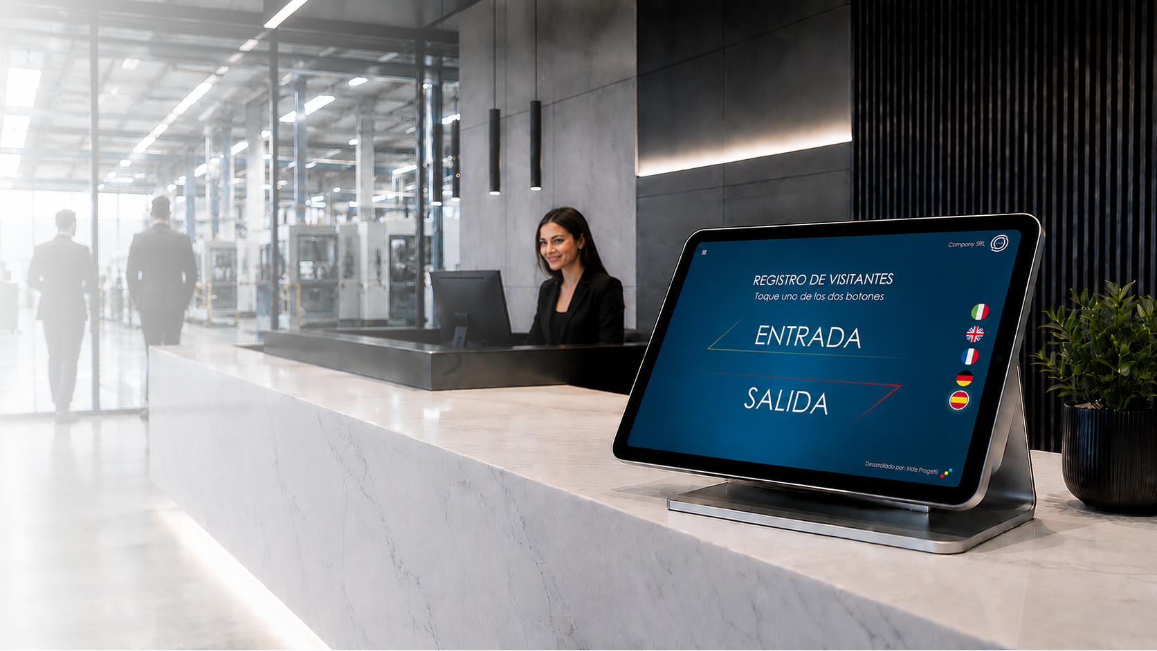 Recepción de empresa con el registro digital de visitantes IRIGuest en tablet
