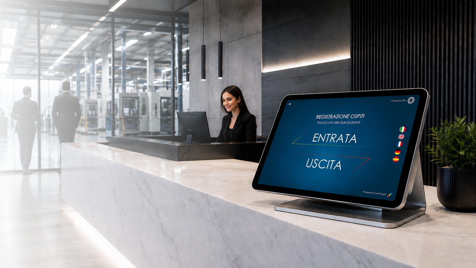 Reception aziendale con il registro visitatori digitale IRIGuest su tablet